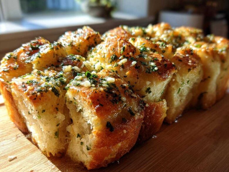 Close-up of freshly baked Garlic Parmesan Pull-Apart Bread glistening with butter and herbs.
