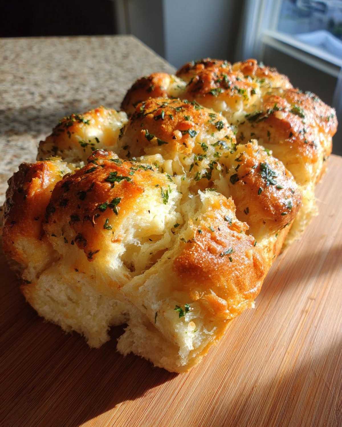 Close-up of a golden-brown loaf of Garlic Parmesan Pull-Apart Bread, glistening with butter and topped with parsley.