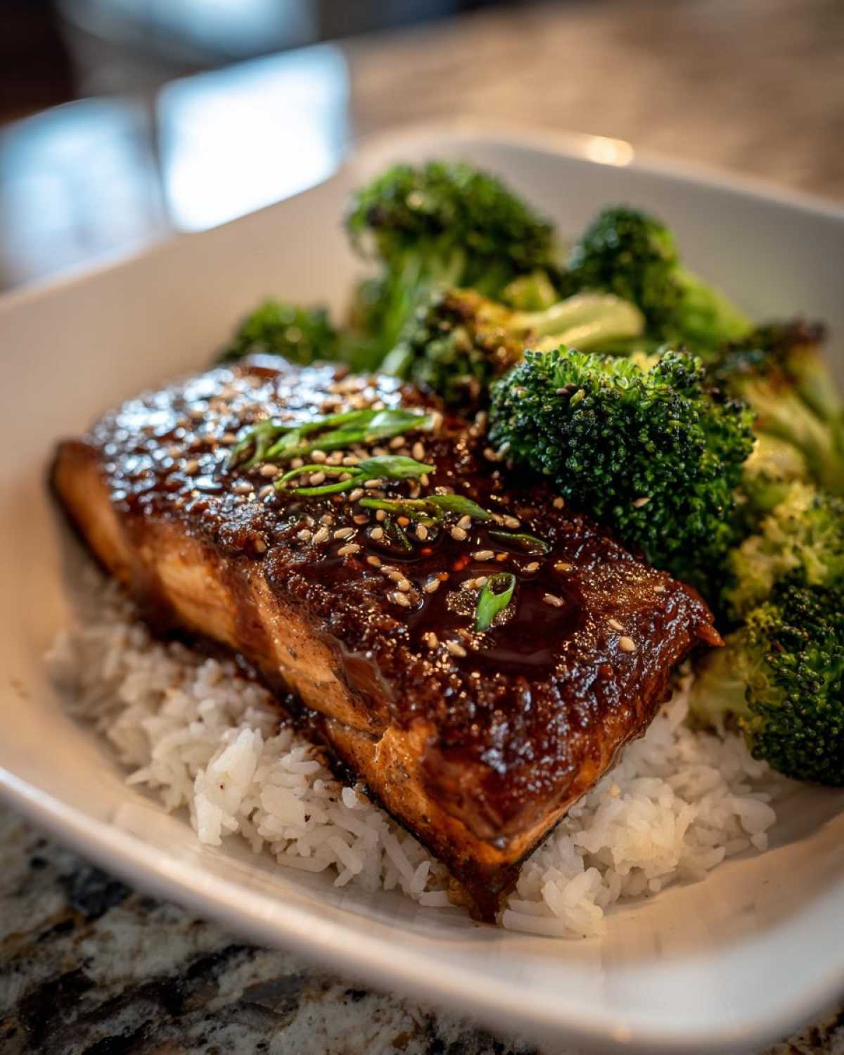 Close-up of a piece of glazed salmon served over white rice with roasted broccoli, part of Teriyaki Salmon Rice Bowls.