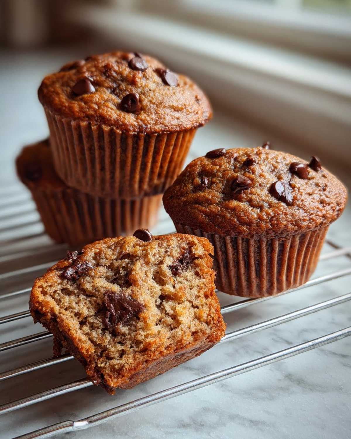 Close-up of Gluten-Free Banana Chocolate Chip Muffins cooling on a wire rack, one cut in half.