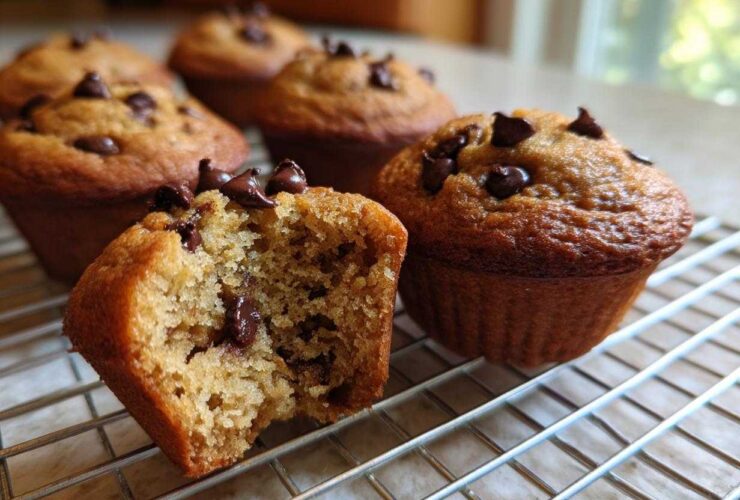 Close-up of moist Gluten-Free Banana Chocolate Chip Muffins cooling on a wire rack, one muffin is broken open.