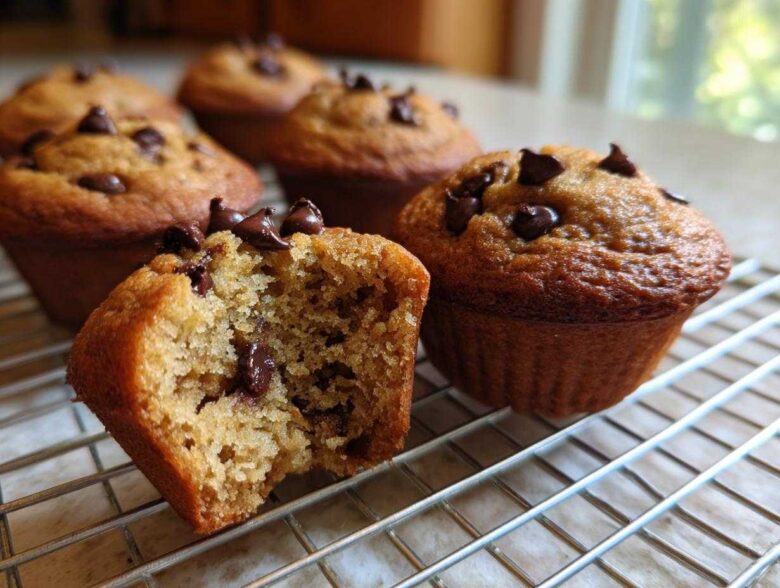 Close-up of moist Gluten-Free Banana Chocolate Chip Muffins cooling on a wire rack, one muffin is broken open.