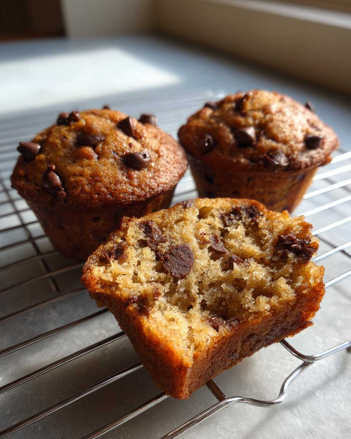 Close-up of moist Gluten-Free Banana Chocolate Chip Muffins, one cut in half showing chocolate chips inside, cooling on a wire rack.
