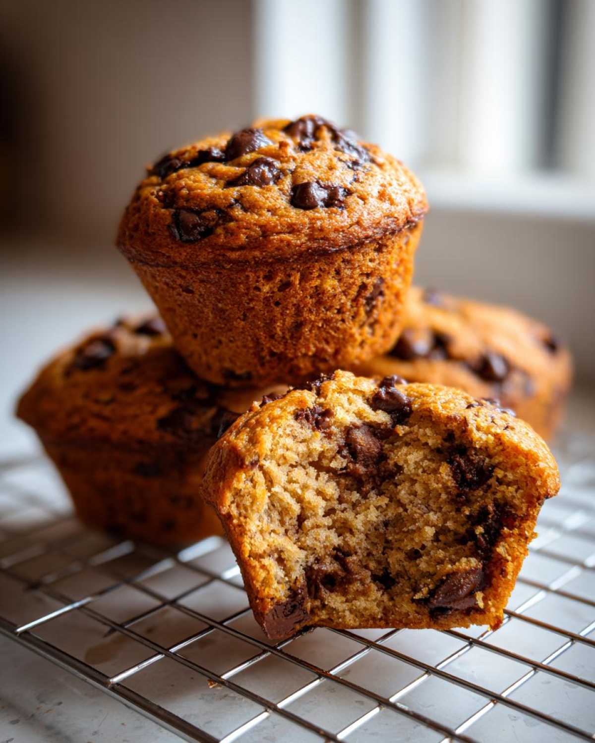A stack of moist Gluten-Free Banana Chocolate Chip Muffins, with one muffin broken open showing the soft interior and melted chocolate chips.