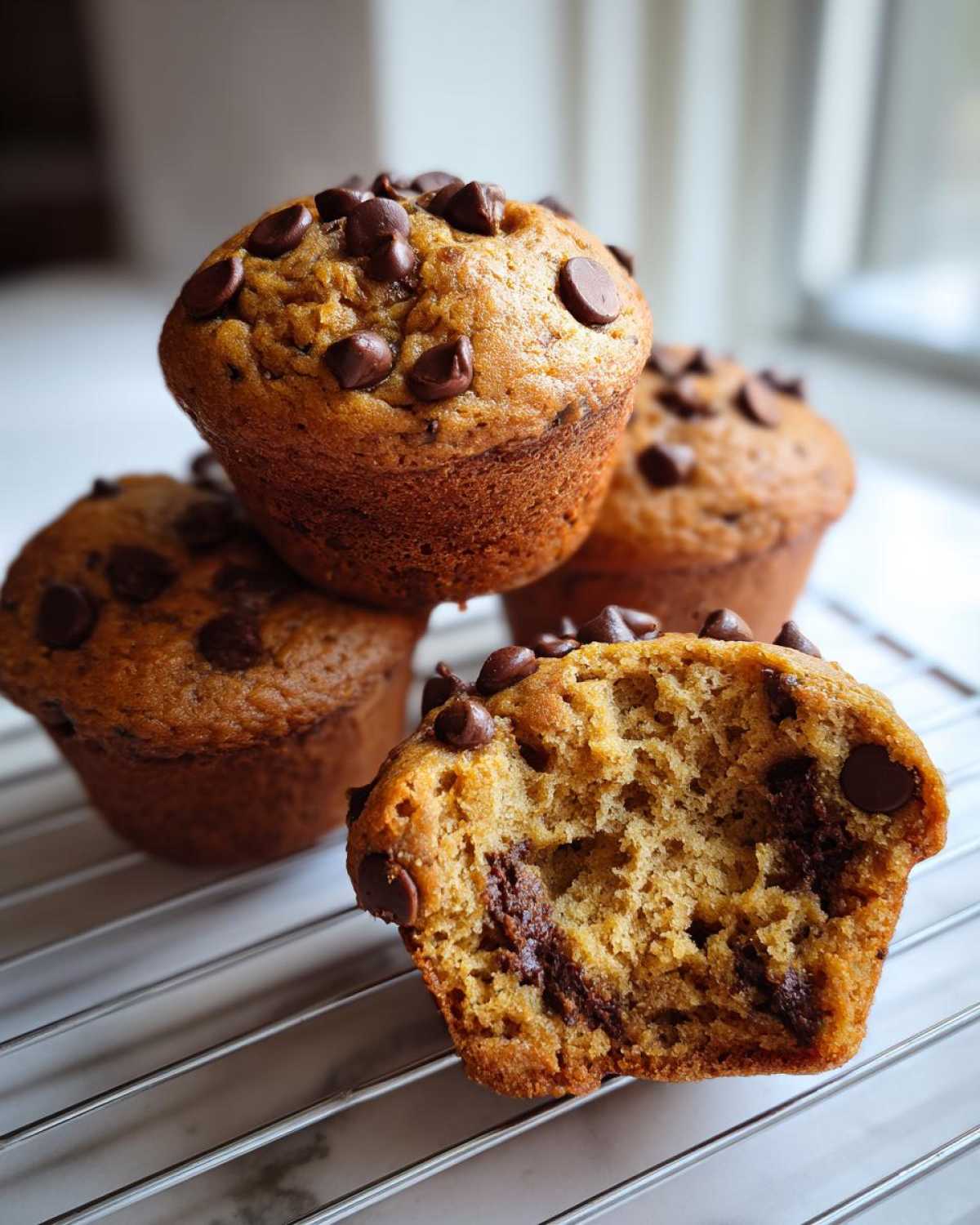 A stack of moist Gluten-Free Banana Chocolate Chip Muffins, one cut open to show the soft interior and melted chocolate chips.