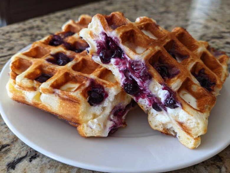 Two halves of golden brown Gluten-Free Blueberry Waffles, showing melted blueberries inside, served on a white plate.