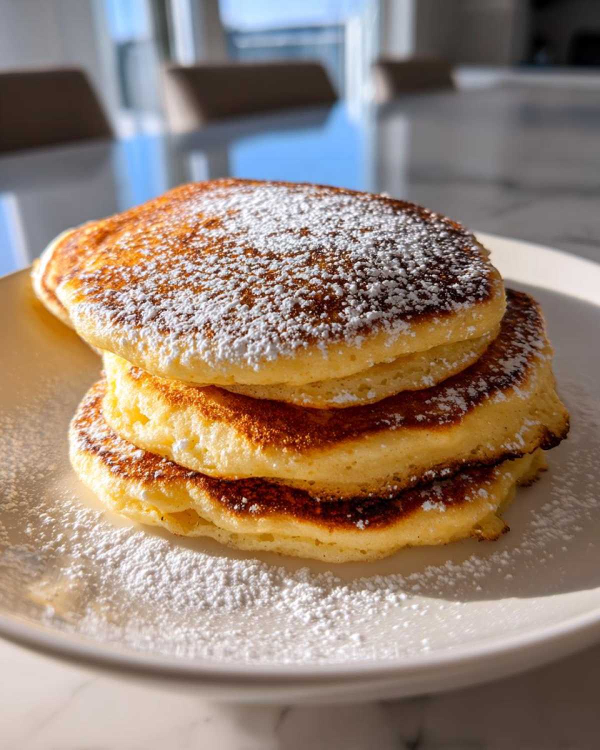 A stack of three fluffy Gluten-Free Buttermilk Pancakes dusted generously with white powdered sugar.