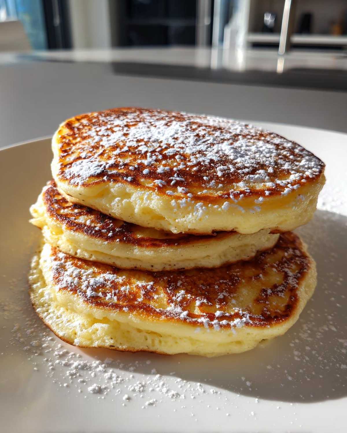 A stack of three fluffy Gluten-Free Buttermilk Pancakes dusted generously with powdered sugar on a white plate.