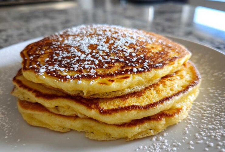 A stack of three fluffy Gluten-Free Buttermilk Pancakes dusted generously with powdered sugar on a white plate.