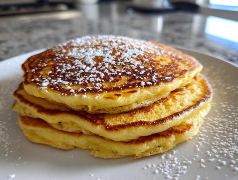 A stack of three fluffy Gluten-Free Buttermilk Pancakes dusted generously with powdered sugar on a white plate.