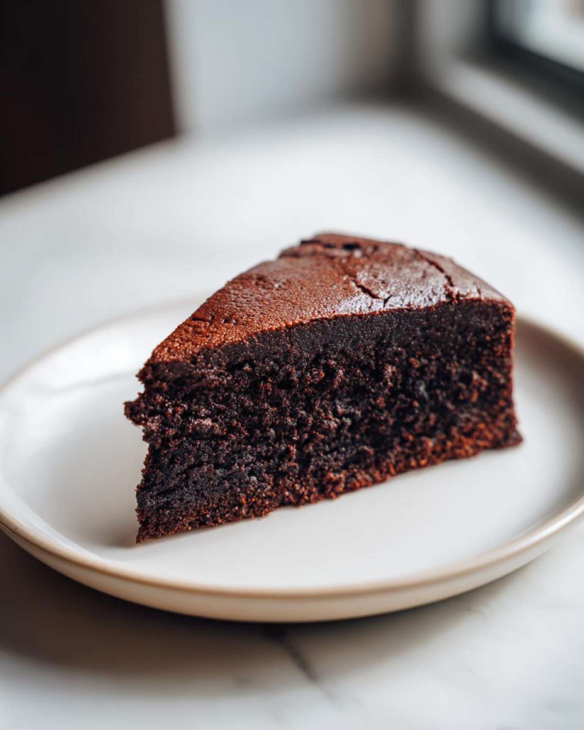A moist, dark slice of Gluten-Free Chocolate Cake served on a light ceramic plate.