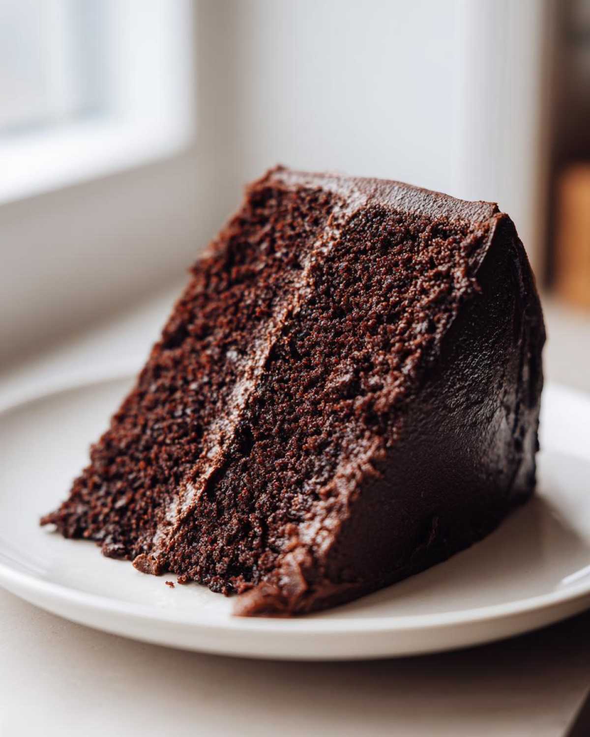 Close-up of a moist slice of dark chocolate Gluten-Free Chocolate Cake layered with rich chocolate frosting on a white plate.