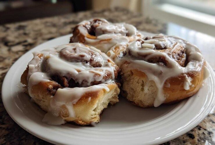 Close-up of three soft Gluten-Free Cinnamon Rolls generously topped with white icing on a white plate.