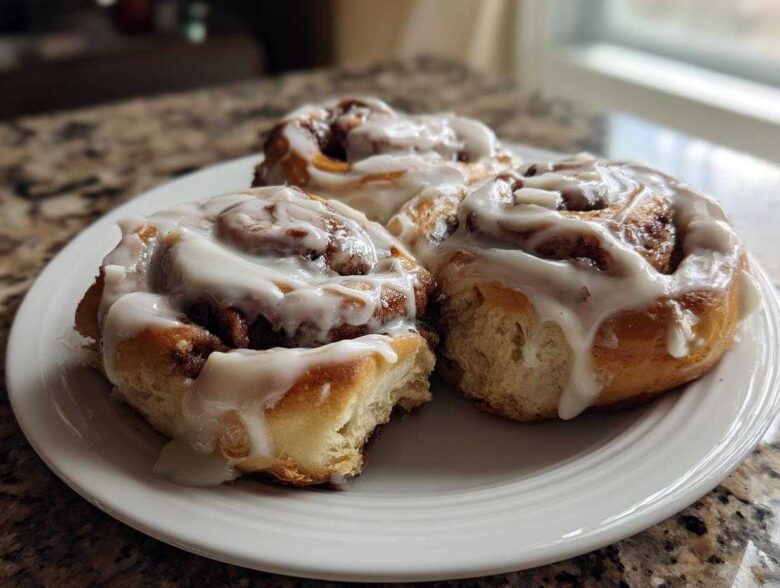 Close-up of three soft Gluten-Free Cinnamon Rolls generously topped with white icing on a white plate.