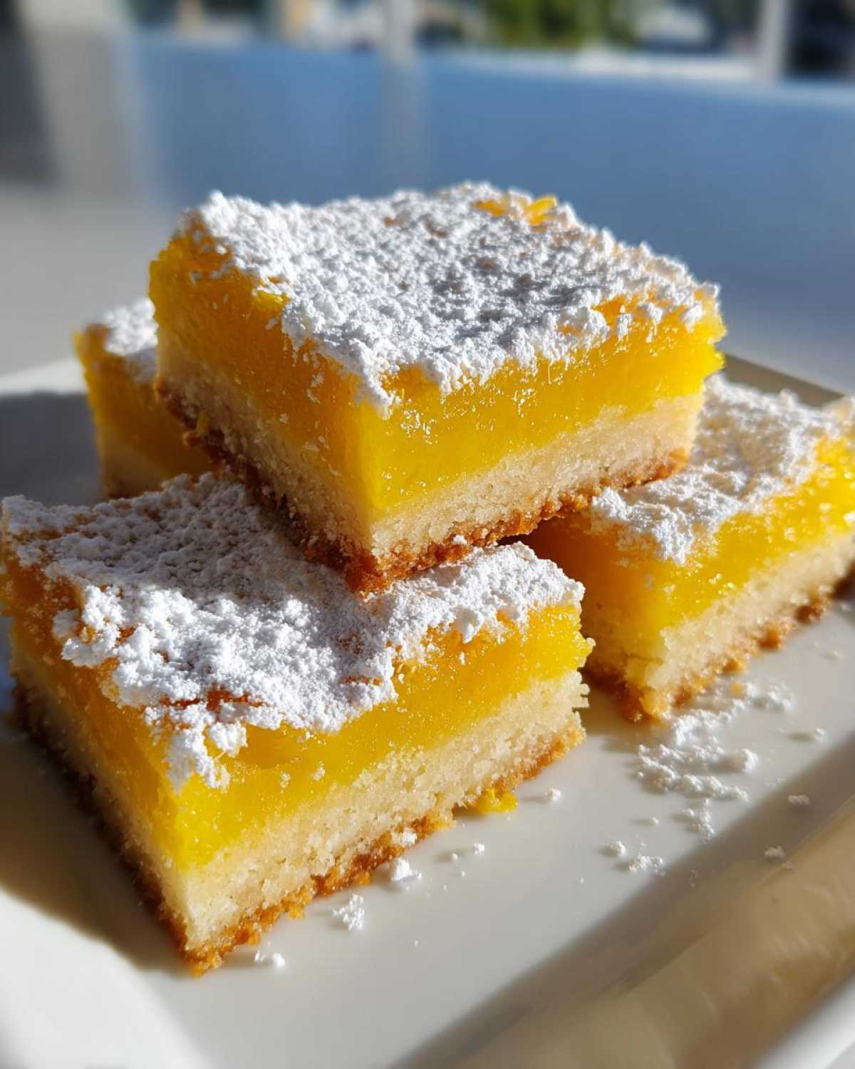 Close-up of stacked Gluten-Free Lemon Bars with Shortbread Crust, topped generously with powdered sugar.