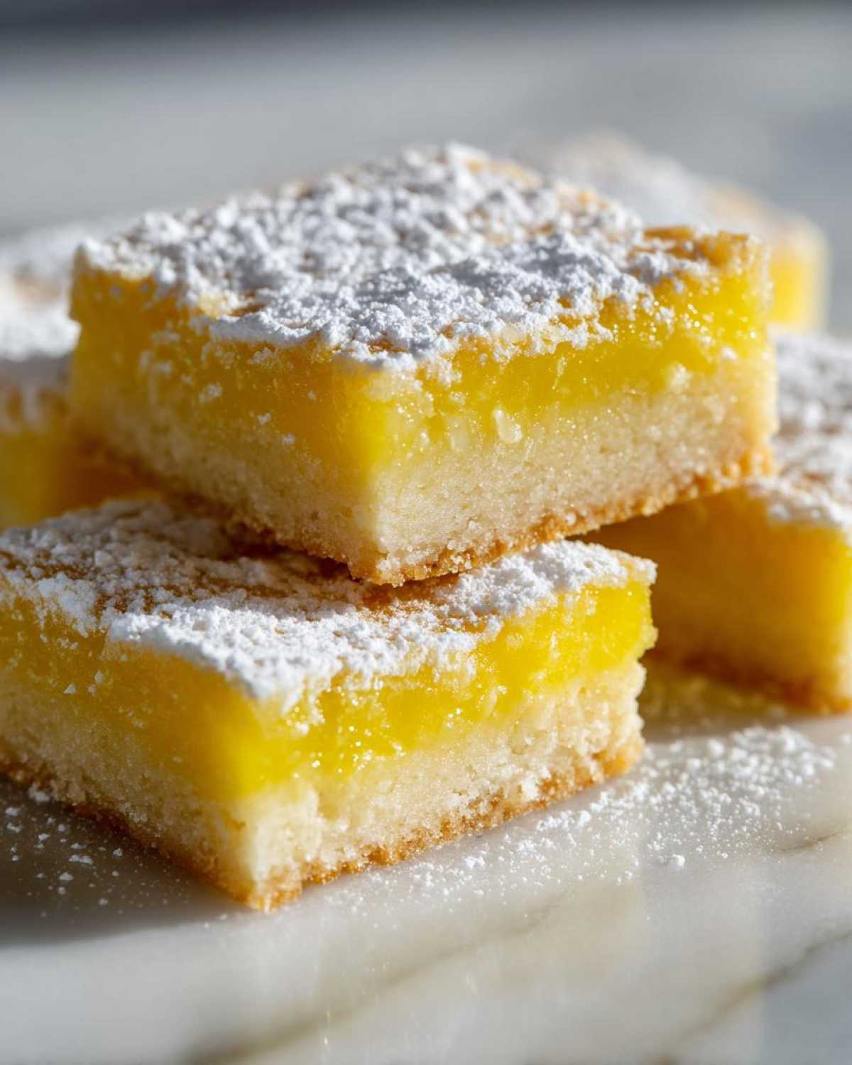 Close-up of stacked Gluten-Free Lemon Bars with shortbread crust, dusted heavily with powdered sugar.