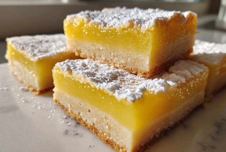 Close-up of stacked Gluten-Free Lemon Bars with shortbread crust, dusted heavily with powdered sugar.
