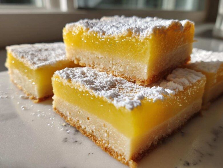 Close-up of stacked Gluten-Free Lemon Bars with shortbread crust, dusted heavily with powdered sugar.
