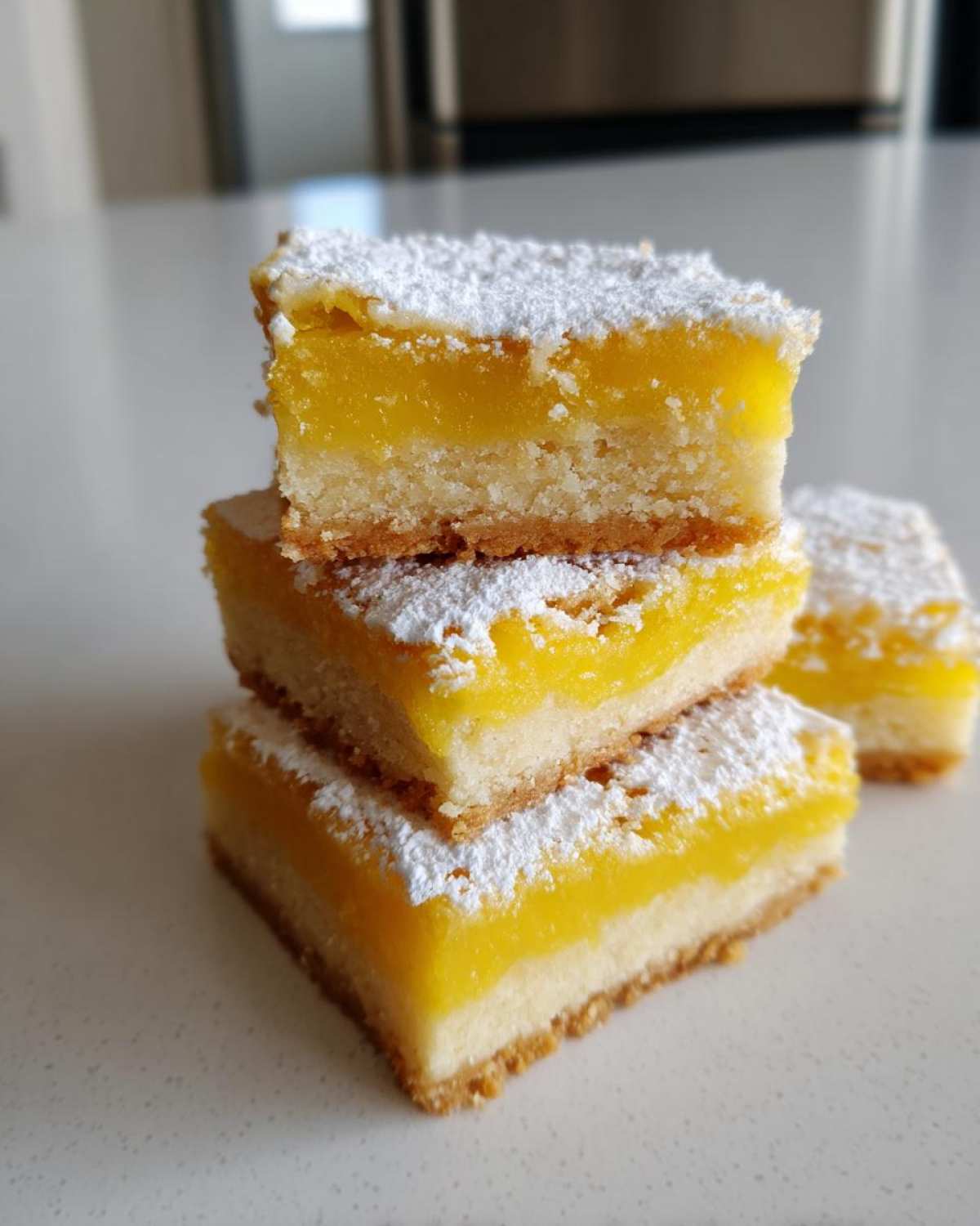 A stack of three Gluten-Free Lemon Bars with shortbread crust, topped generously with powdered sugar.