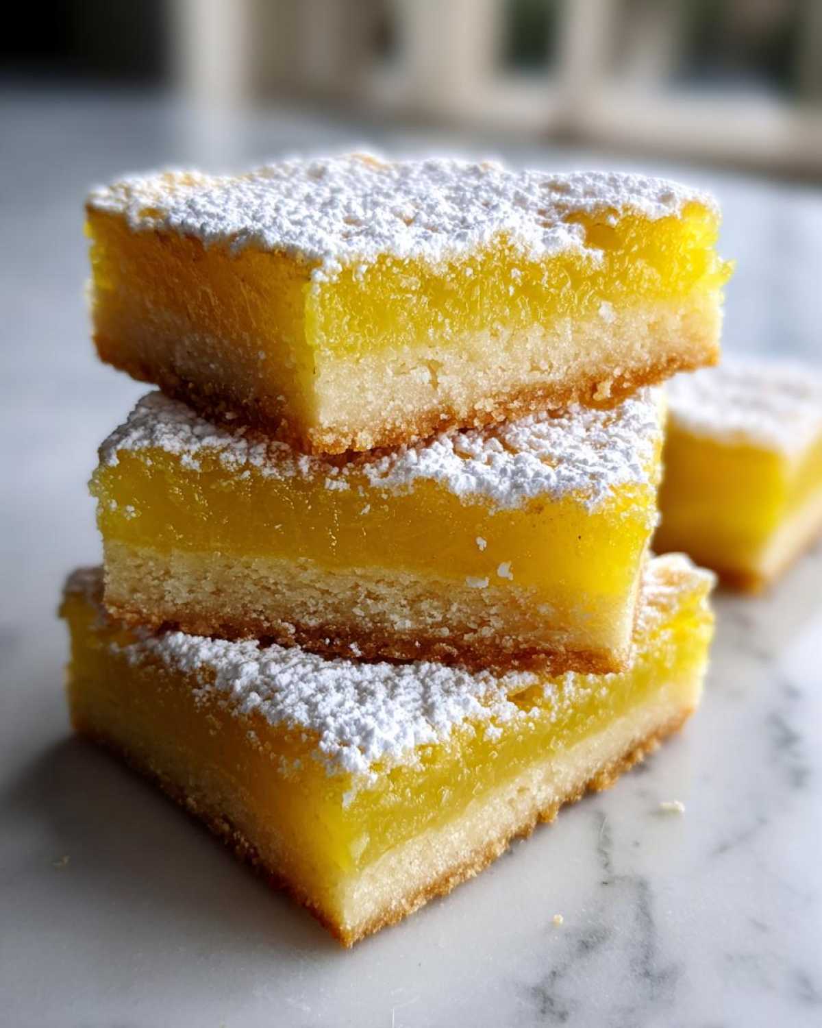 Three stacked squares of bright yellow Gluten-Free Lemon Bars with shortbread crust, dusted heavily with powdered sugar.