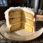 Cross-section view of a three-layer Gluten-Free Lemon Coconut Cake with white frosting and shredded coconut topping.