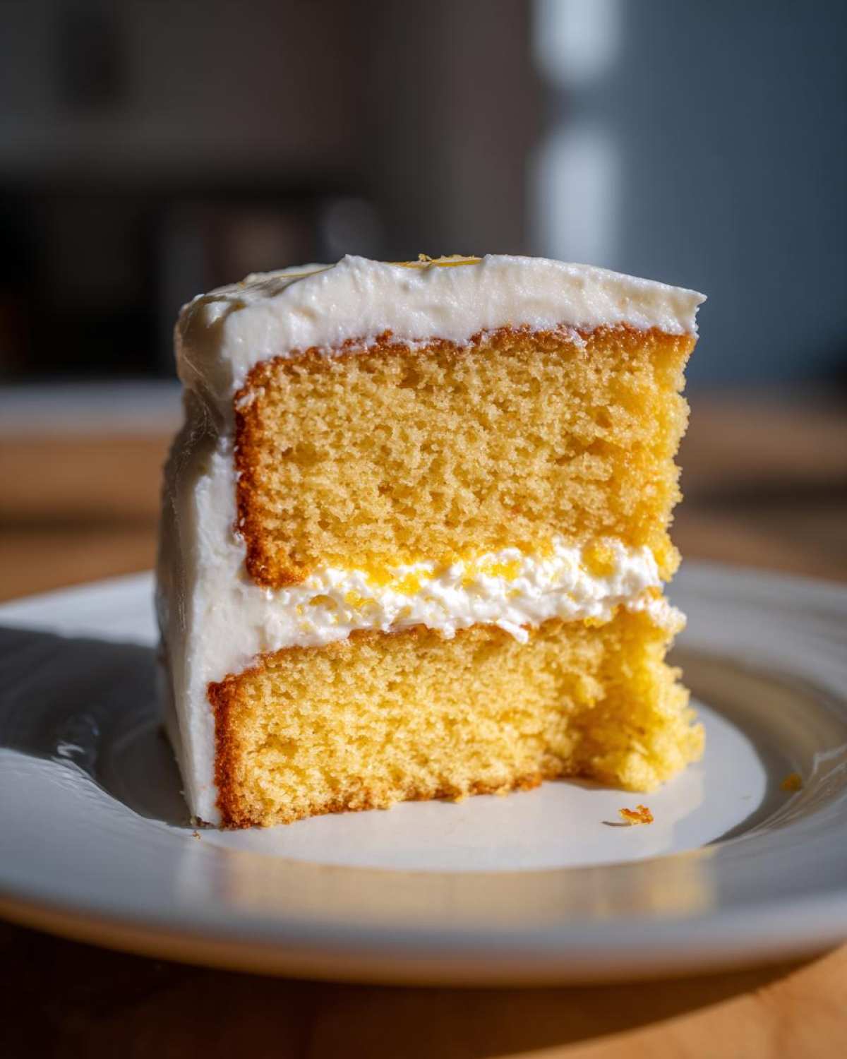 A close-up of a moist slice of Gluten-Free Lemon Coconut Cake layered with white frosting.