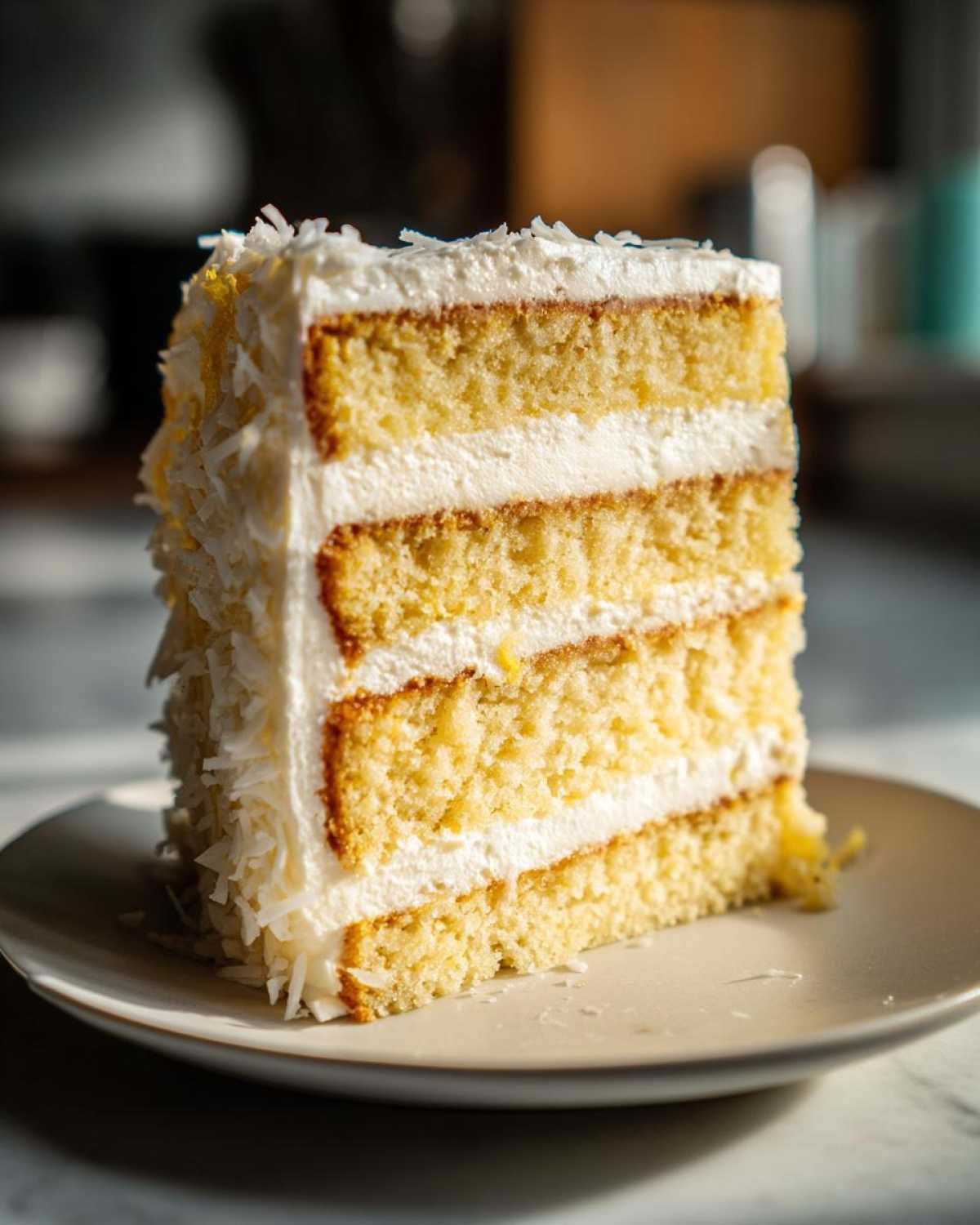 A tall, moist slice of Gluten-Free Lemon Coconut Cake layered with white frosting and covered in shredded coconut.