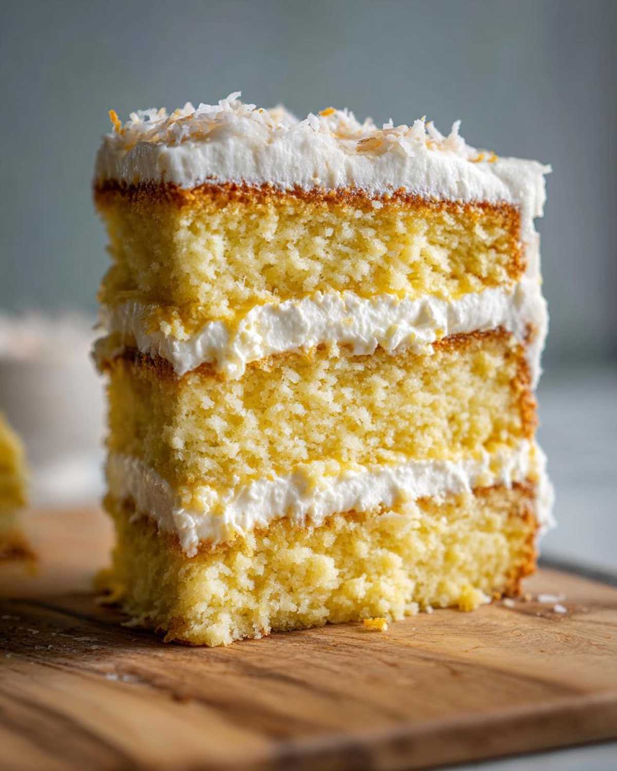 Close-up of a tall slice of Gluten-Free Lemon Coconut Cake showing three layers of yellow cake and white frosting.