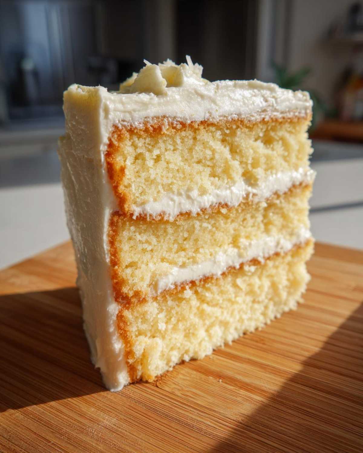 Close-up of a moist slice of Gluten-Free Lemon Coconut Cake with white frosting between layers.