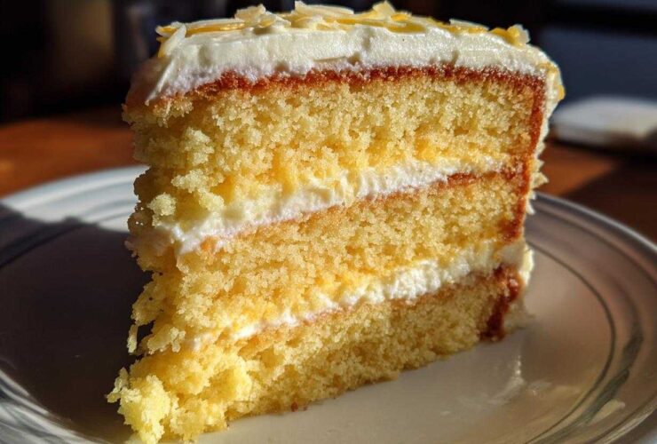 Close-up of a moist slice of Gluten-Free Lemon Coconut Cake showing three layers and white frosting.