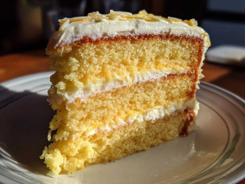 Close-up of a moist slice of Gluten-Free Lemon Coconut Cake showing three layers and white frosting.