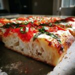 Close-up cross-section showing the airy crumb structure of a Gluten-Free Margherita Pizza slice with bright red sauce and fresh basil.