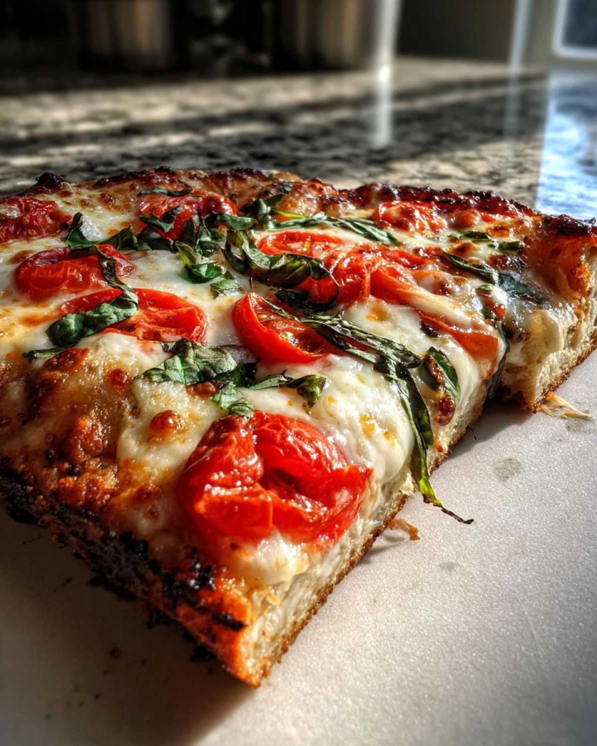 Close-up of a thick slice of Gluten-Free Margherita Pizza topped with melted mozzarella, bright red tomatoes, and fresh basil.