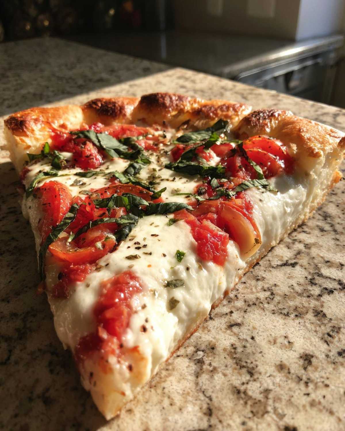 Close-up of a thick slice of Gluten-Free Margherita Pizza showing crust, melted mozzarella, tomatoes, and fresh basil.