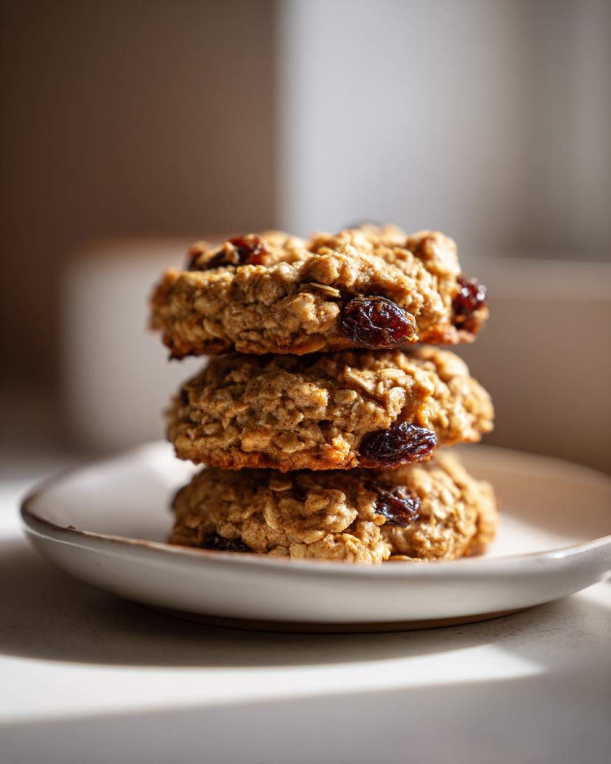 A stack of three chewy Gluten-Free Oatmeal Raisin Cookies on a small white plate.