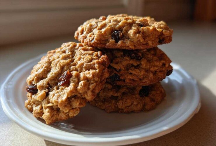 A stack of four golden brown Gluten-Free Oatmeal Raisin Cookies resting on a small white plate, highlighted by sunlight.