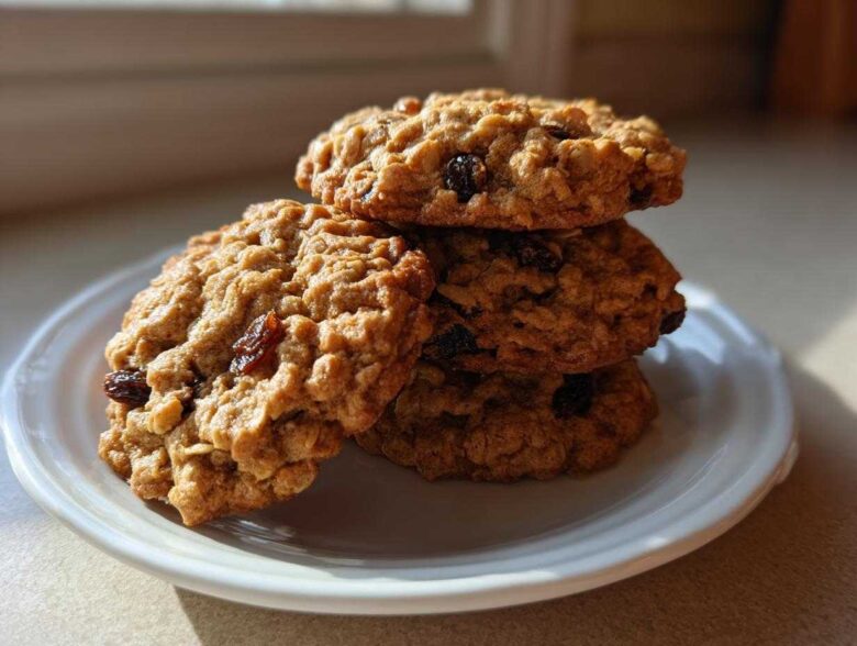 A stack of four golden brown Gluten-Free Oatmeal Raisin Cookies resting on a small white plate, highlighted by sunlight.