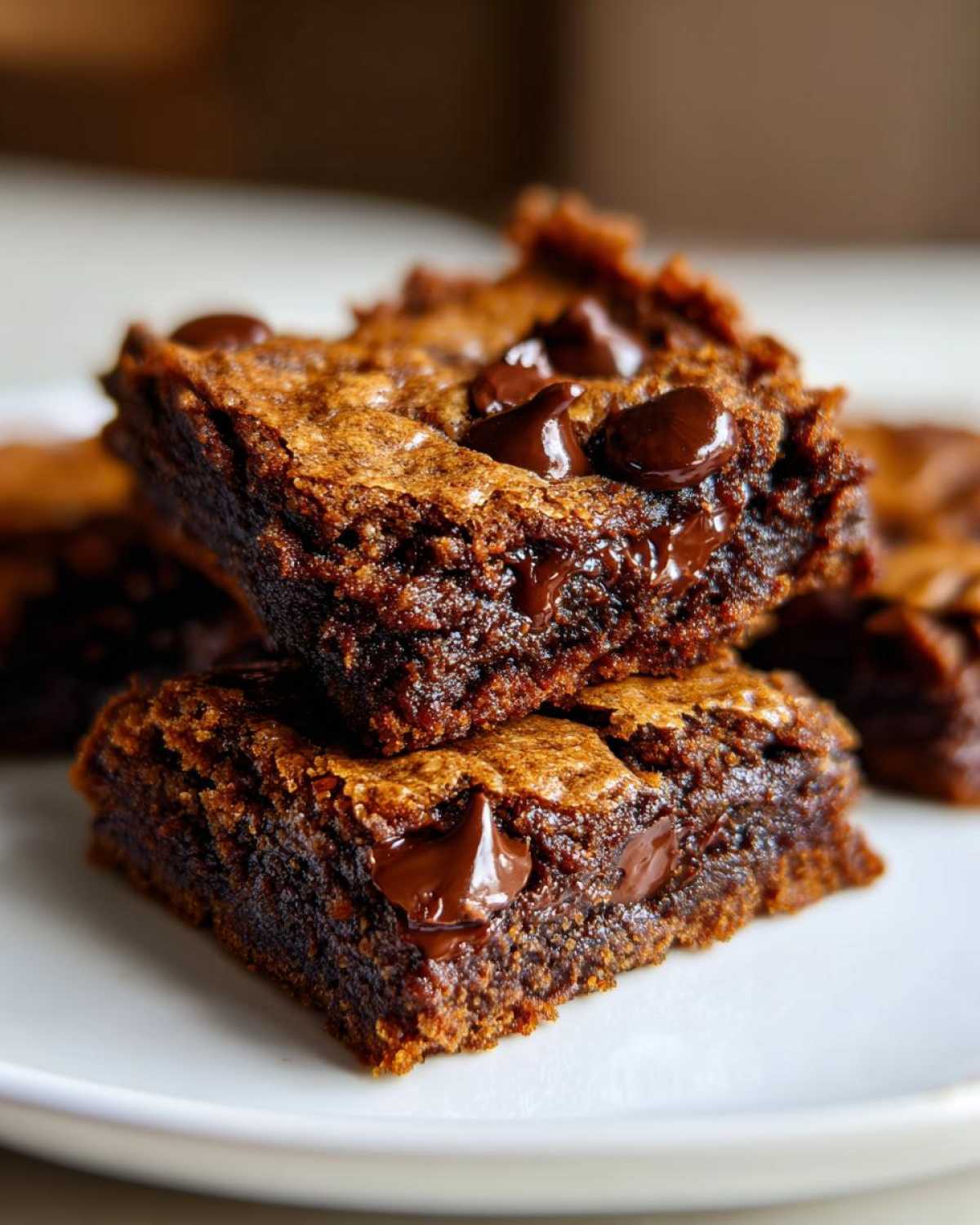 Close-up of two stacked, gooey Chewy Chocolate Chip Cookie Bars with melted chocolate chips visible.
