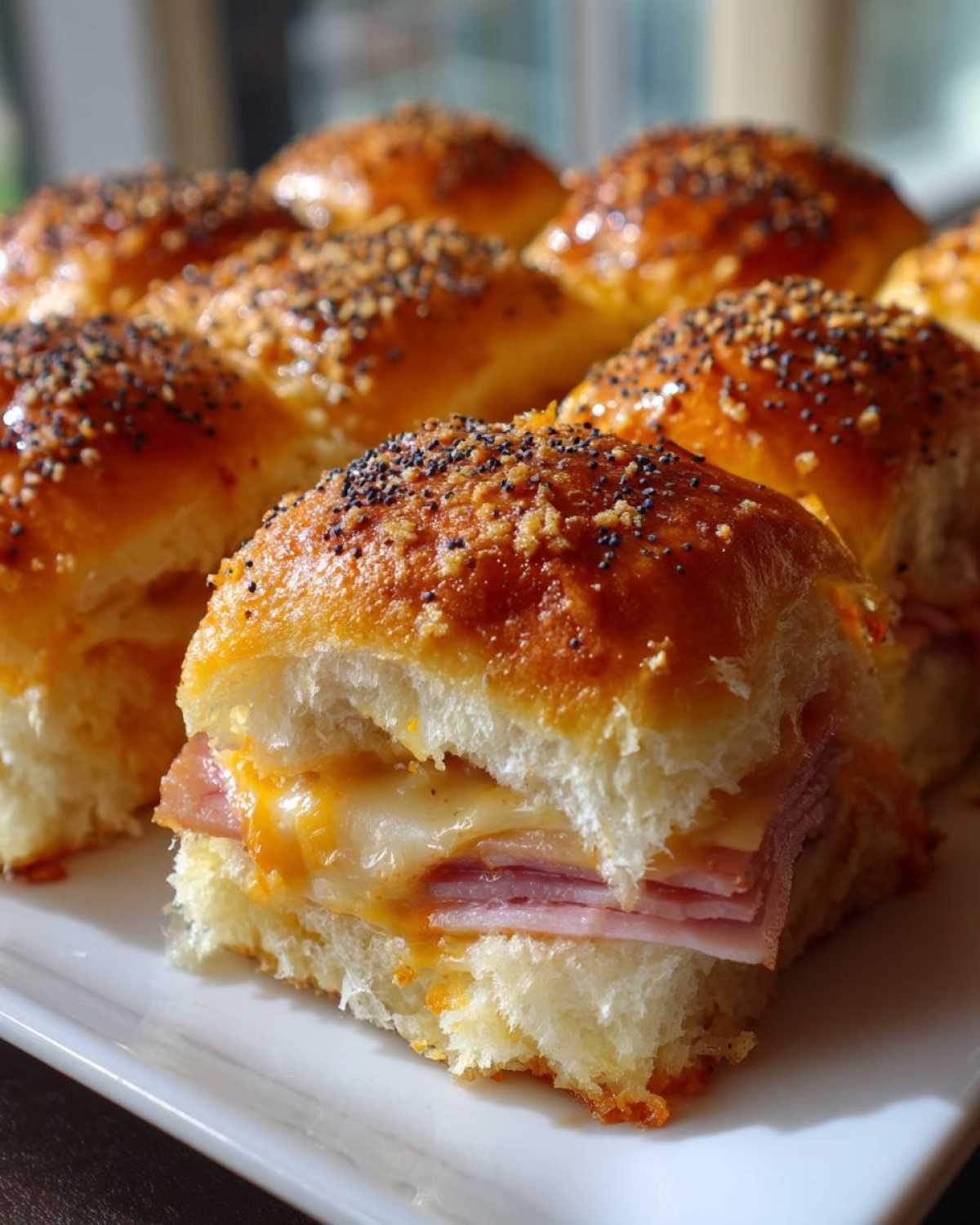 A close-up of Hawaiian Roll Ham and Cheese Sliders showing melted cheese and ham inside a glazed, poppy seed-topped roll.