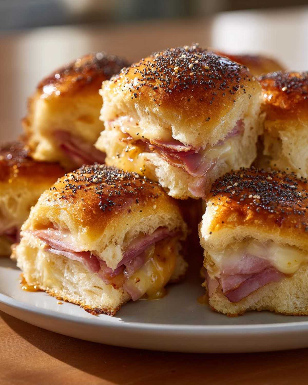 Close-up of baked Hawaiian Roll Ham and Cheese Sliders with melted cheese and poppy seed glaze.