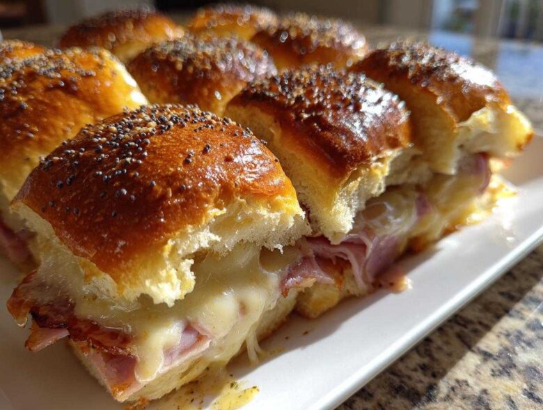 Close-up of gooey Hawaiian Roll Ham and Cheese Sliders with melted Swiss cheese and poppy seeds on top.