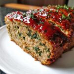 Close-up of a thick slice of Healthy Turkey Spinach Meatloaf topped with a shiny red glaze and fresh parsley.