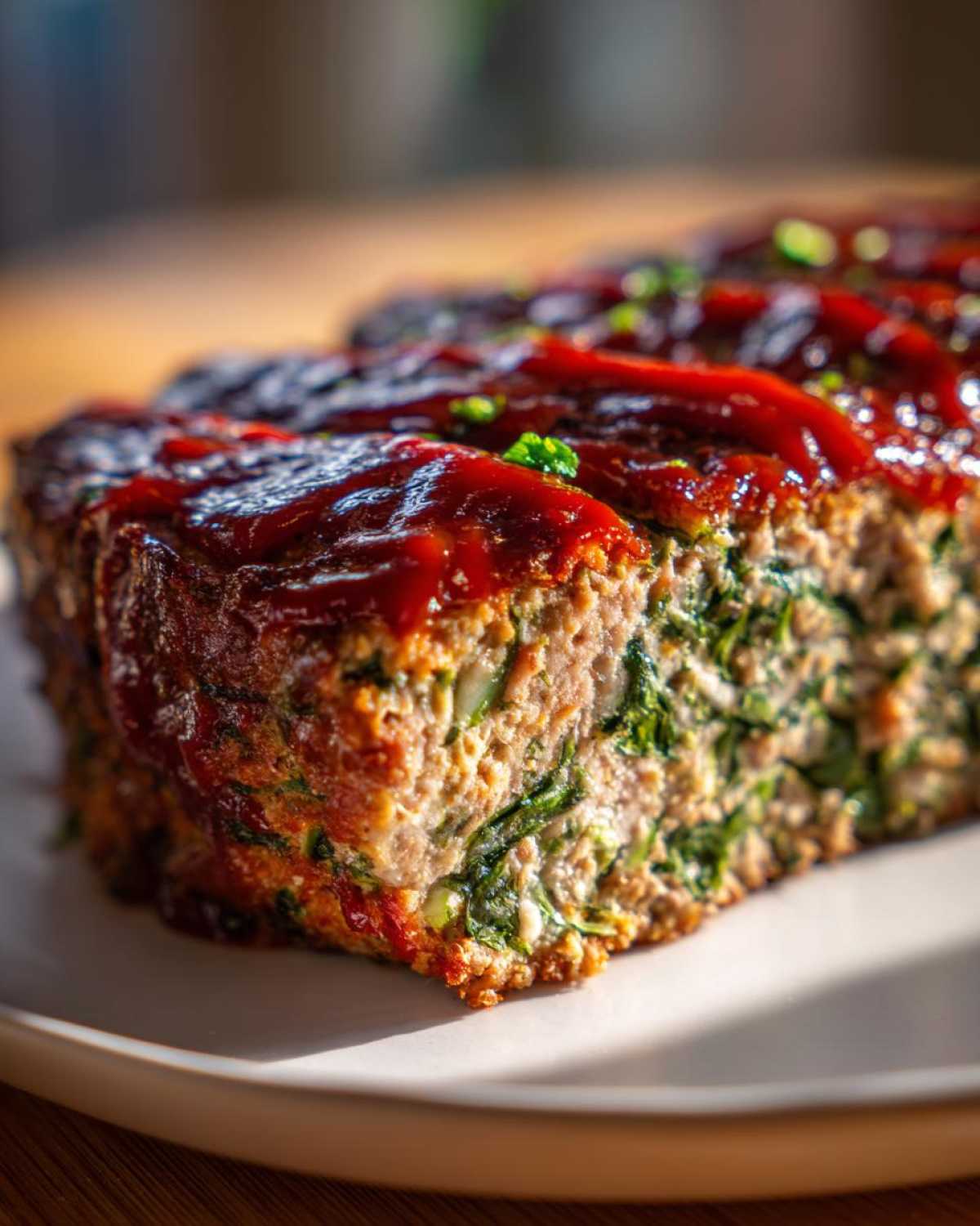 Close-up of a slice of Healthy Turkey Spinach Meatloaf topped with a rich, red glaze and garnished with chives.