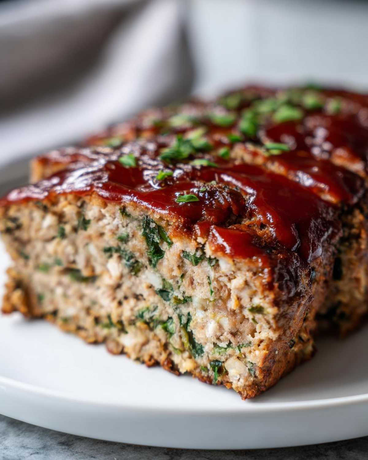 Close-up of sliced Healthy Turkey Spinach Meatloaf topped with a rich tomato glaze and fresh herbs.