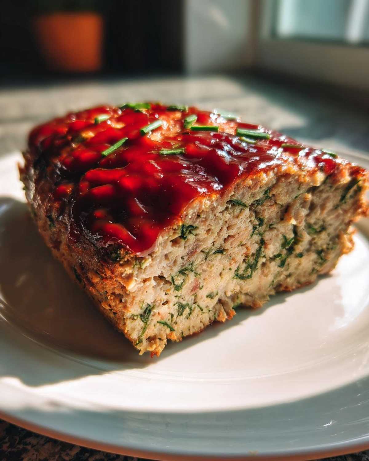 A thick slice of Healthy Turkey Spinach Meatloaf topped with a glossy red glaze and chopped chives.
