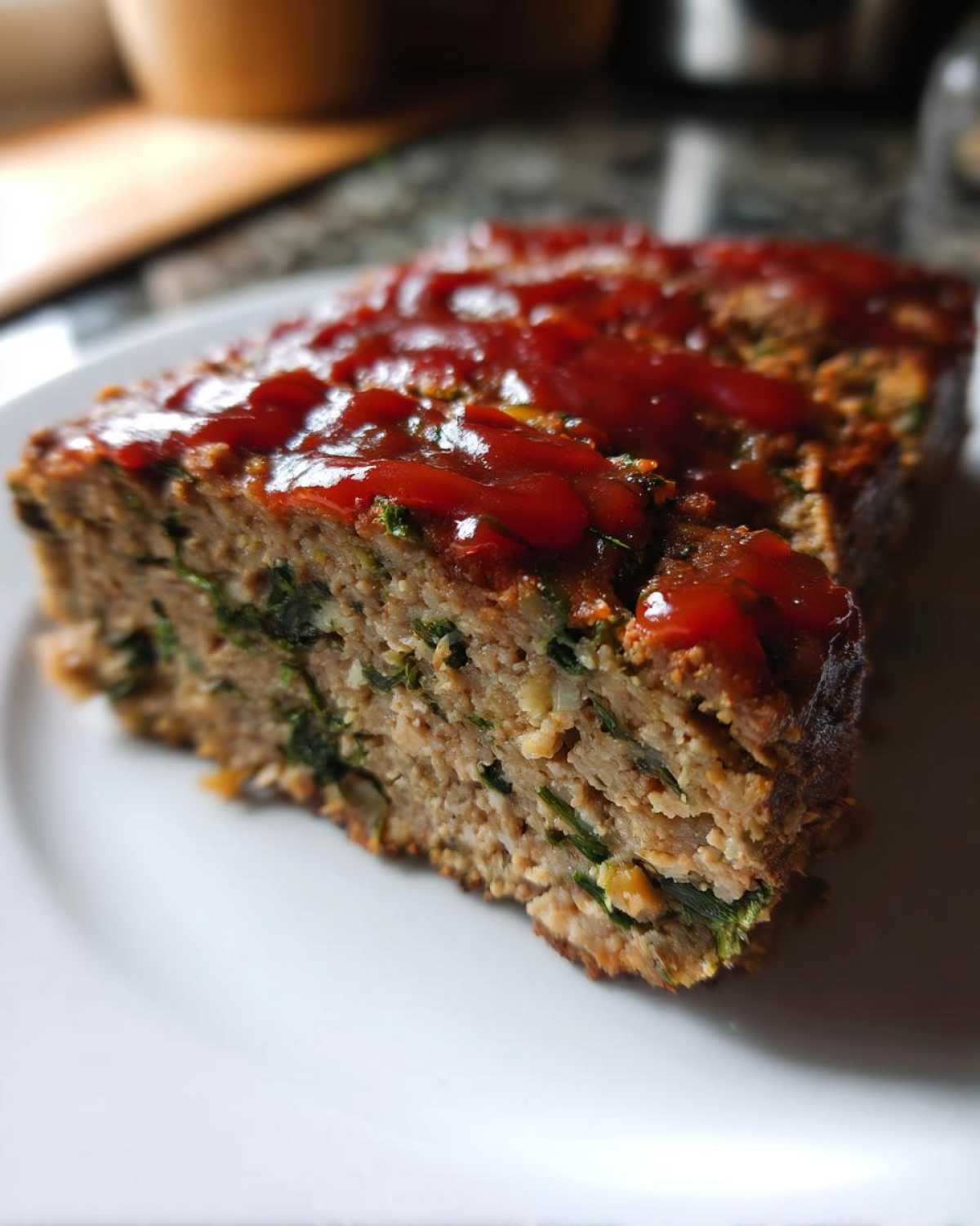 Close-up of a thick slice of Healthy Turkey Spinach Meatloaf topped with a bright red glaze on a white plate.