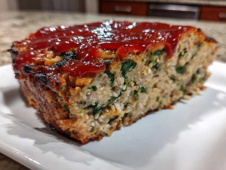 A thick slice of Healthy Turkey Spinach Meatloaf topped with a glossy ketchup glaze, showing visible spinach pieces.