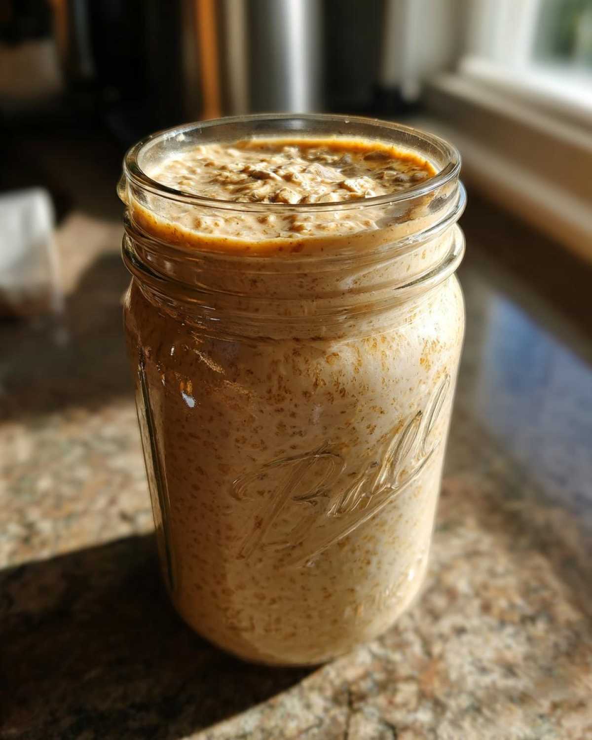 A glass Ball jar filled with creamy High-Protein Peanut Butter Overnight Oats, sitting on a granite counter in sunlight.