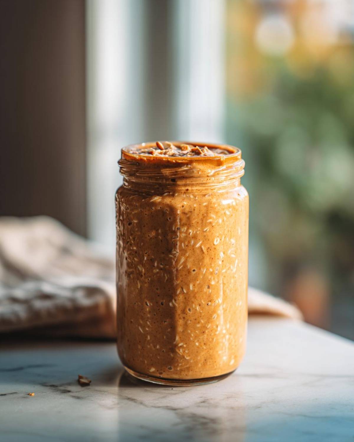 A glass jar filled with creamy High-Protein Peanut Butter Overnight Oats, topped with extra peanut butter.