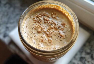 Overhead view of High-Protein Peanut Butter Overnight Oats topped with seeds in a glass jar.
